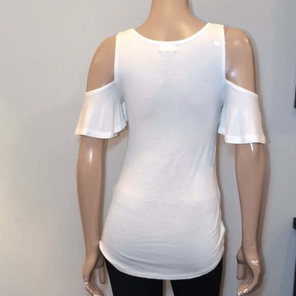 3/$20 Glitz Cold Shoulder Tshirt Blouse Scoop Neck Ruffle Flutter Sleeve Top - Picture 6 of 9